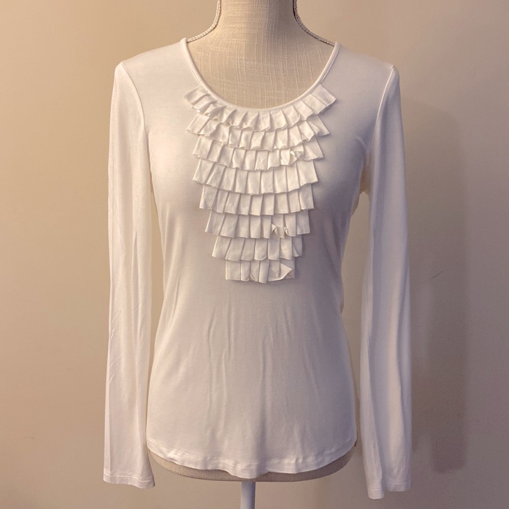 Cable & Gauge women’s viscose white with front ruffle accent top, l/s size S
